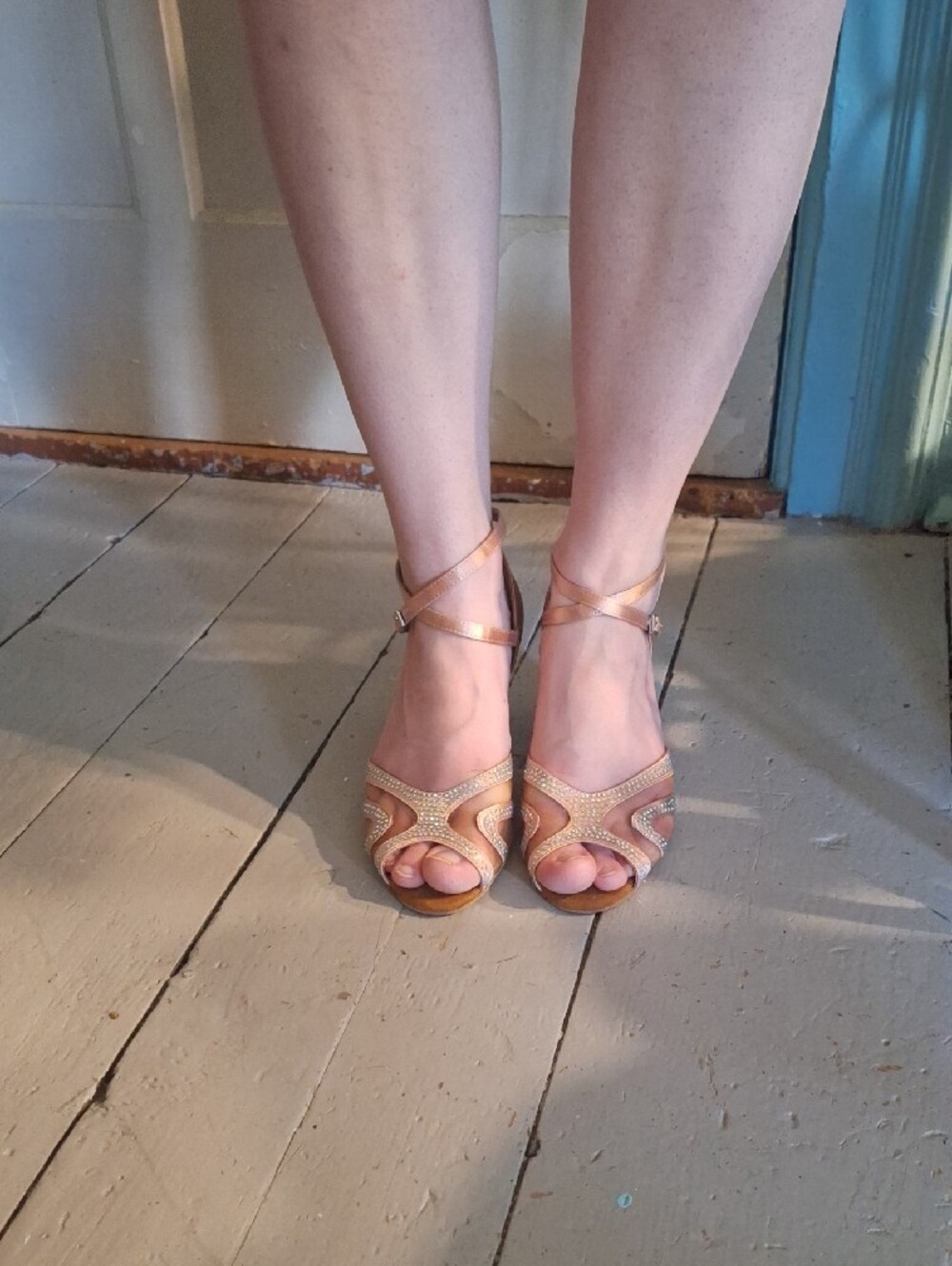 Blush Pink Satin Dance Heels with Rhinestone Detail - Picture 3 of 7